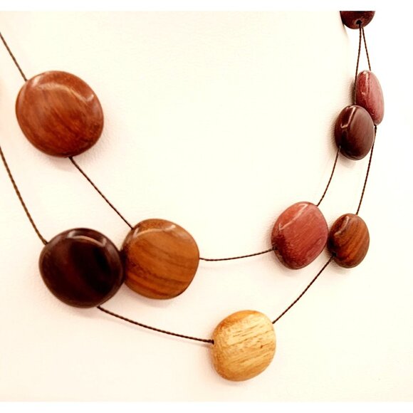 Wine, Plum & Tan Hues Artisan Wooden Bead Multi-Strand Necklace Adjustable Clasp - Picture 3 of 5